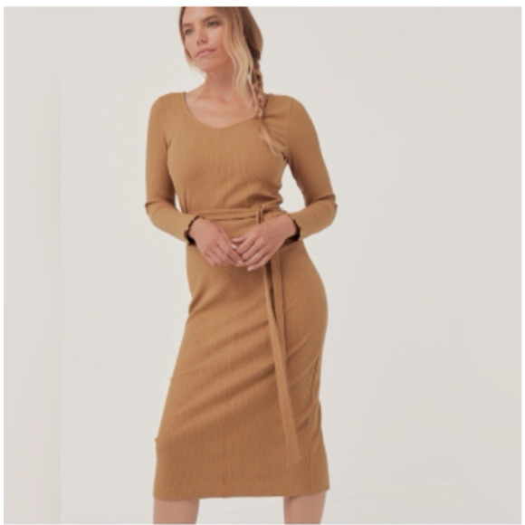 Pact Dress Ribbed Jazz Brown Camel Size Large Long Sleeve Belted Midi Organic - Picture 1 of 11
